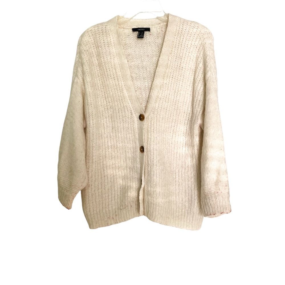 Forever 21 Cream Soft Knit Button Long Sleeve Sweater Cardigan Size Small